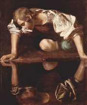 Narcissus atau Narsisus jatuh cinta terhadap dirinya sendiri. Lukisan karya Michelangelo Caravaggio.